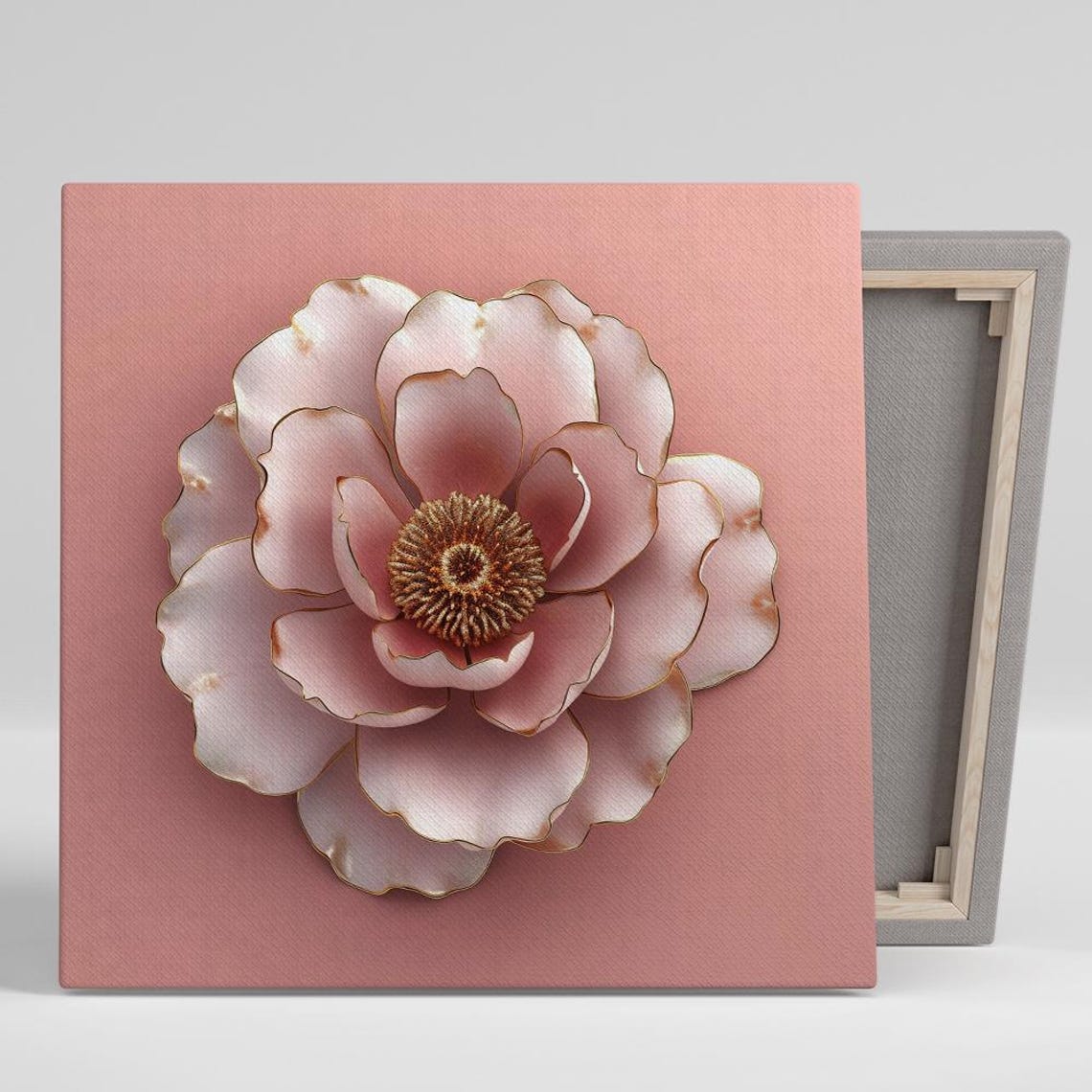 Blush Peony Gold Trim 3D Paper Flower Minimalist Glam Wall Poster