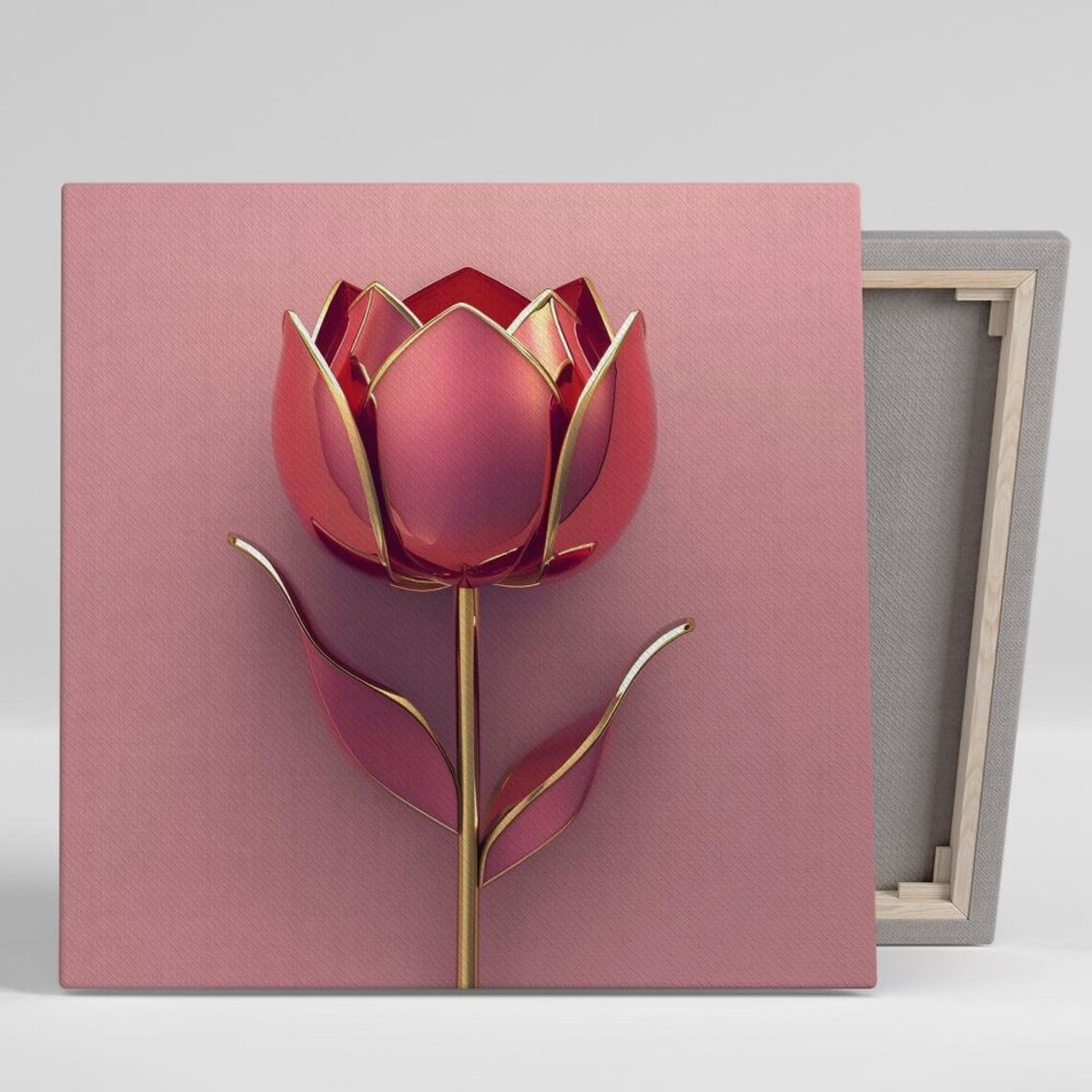 Red Metallic Tulip with Gold Accents Minimalist Glam Wall Art