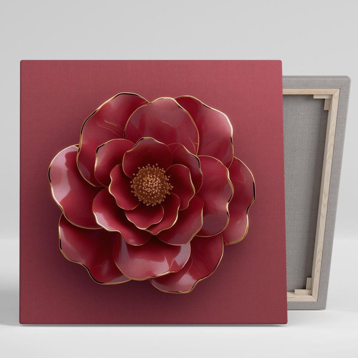 Burgundy Red Rose Gold Edge Glam 3D Romantic Floral Art Wall Poster