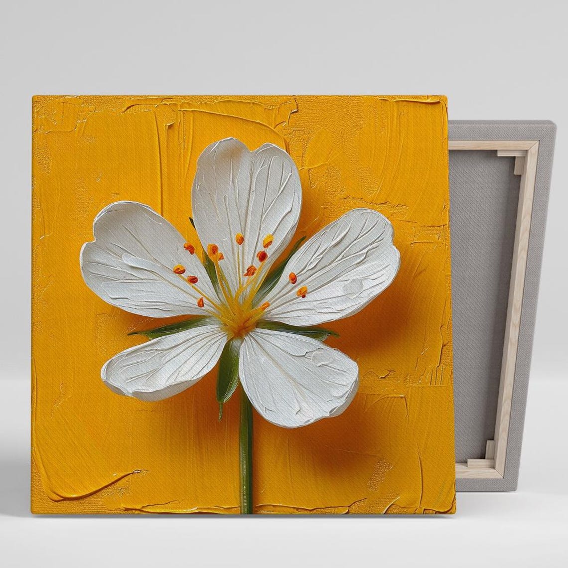 White Geranium Bloom Impasto Style on Golden Yellow Background Print