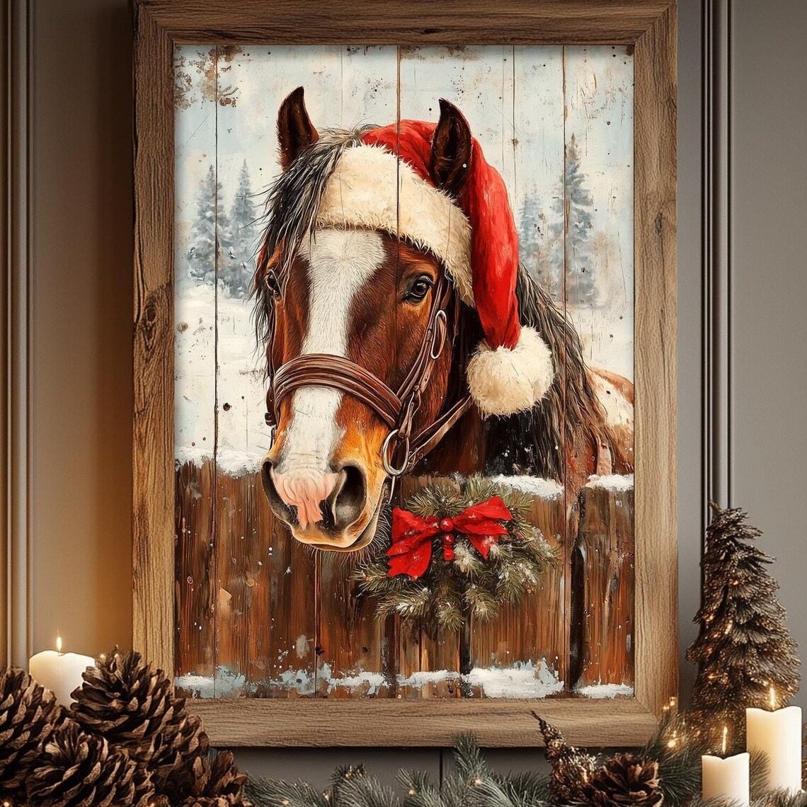 Horse Portrait Vintage Christmas Art Print, Farmhouse