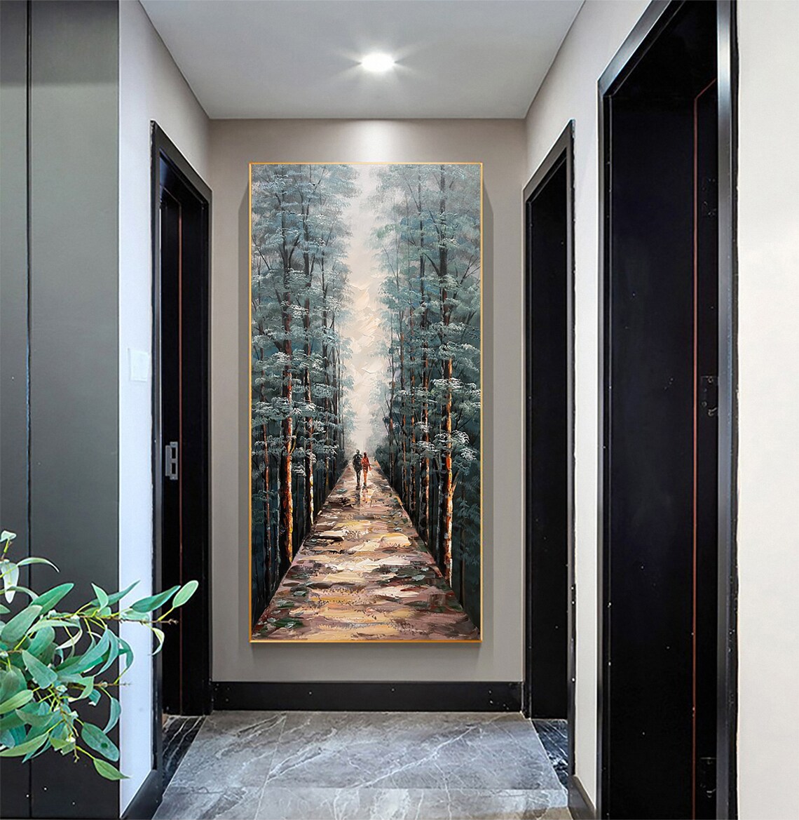 Couple Walking Forest Path Tall Trees Impasto Oil Painting Wall Art - Image 4
