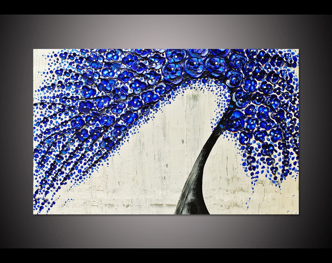 Enchanting Blue Flower Tree Palette Knife Jewel Tone Floral Poster