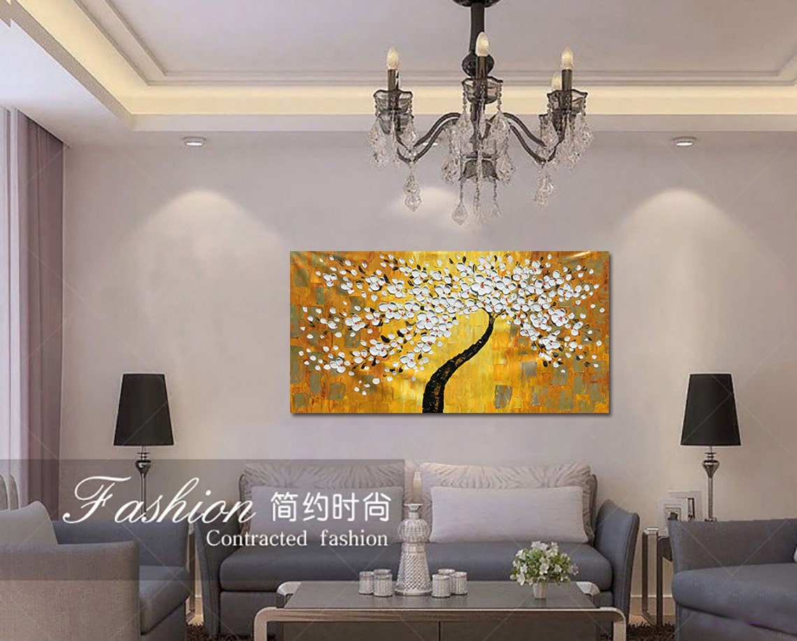White Flowering Tree With Black Trunk On Golden Textured Oil Poster - Image 3