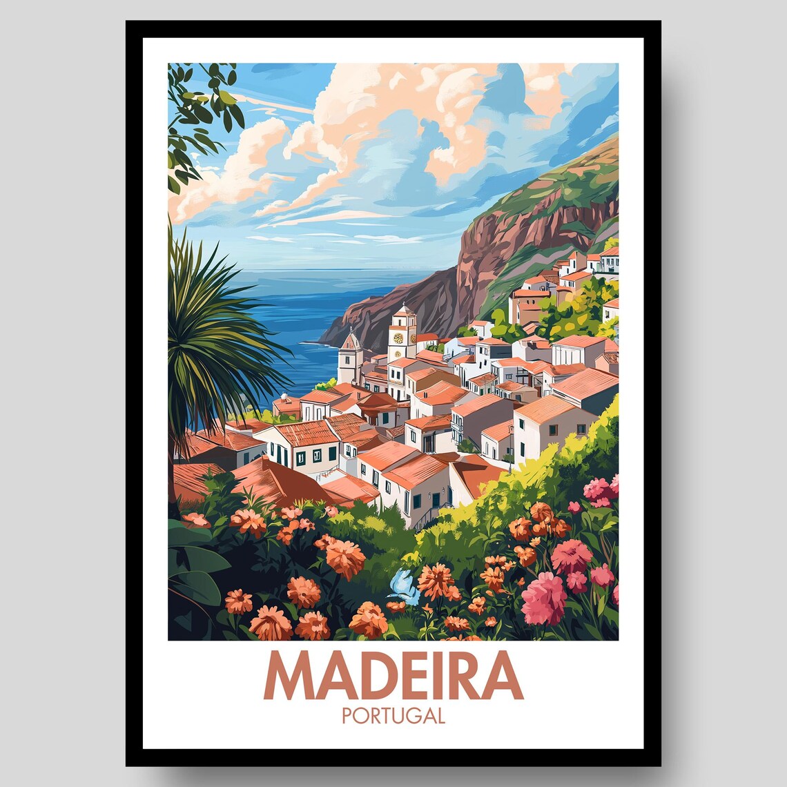 Madeira Portugal Coastal Village Flowers Cliffs Vintage Travel Poster