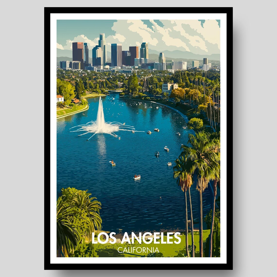 Los Angeles California Fountain Lake Skyline Sunny Day Poster