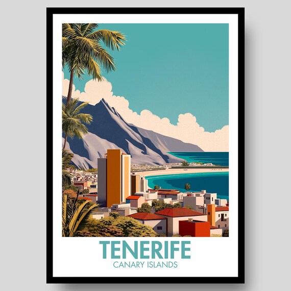 Tenerife Canary Islands Beach Mountain Palm Scene Travel Poster