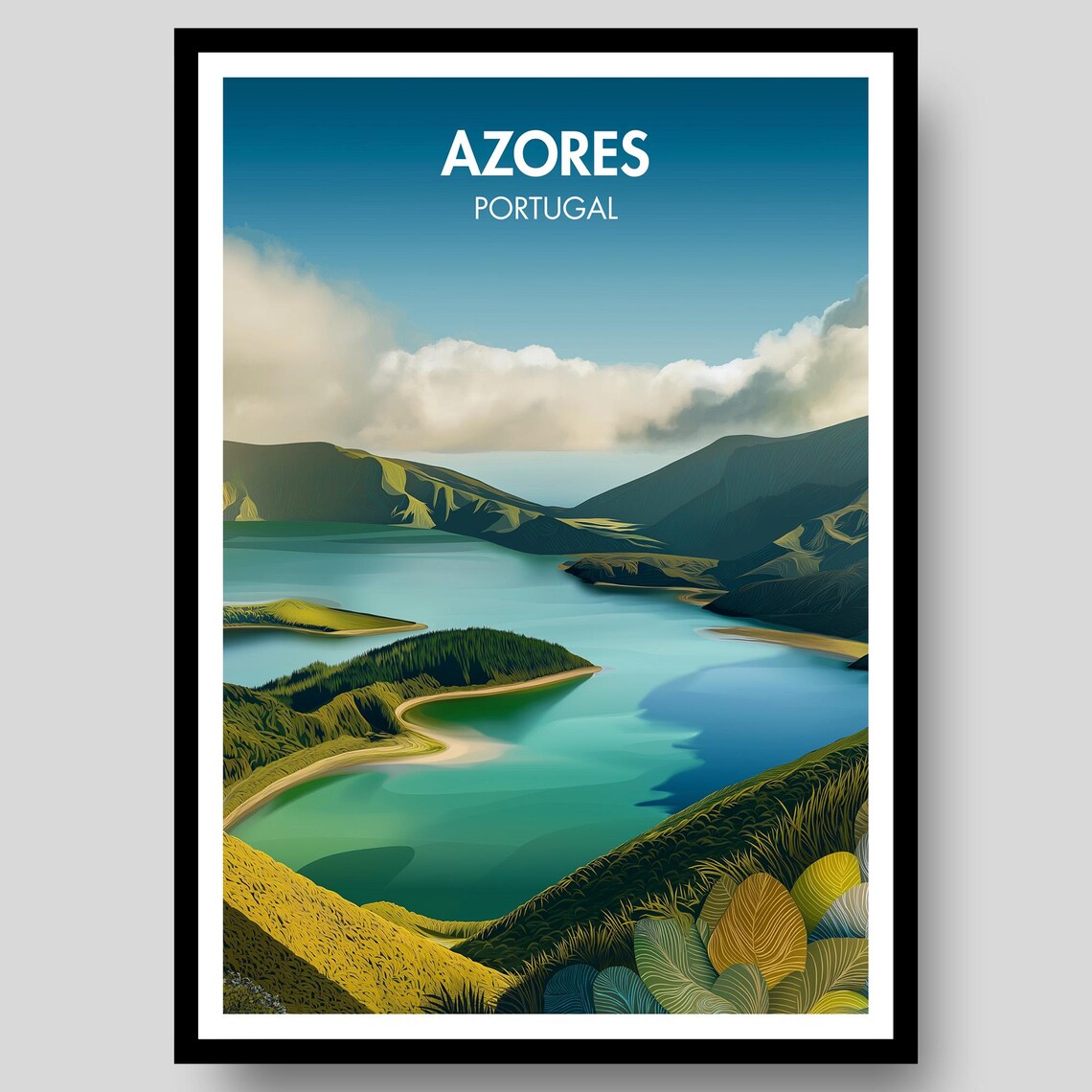Azores Portugal Crater Lake Mountain Landscape Travel Poster