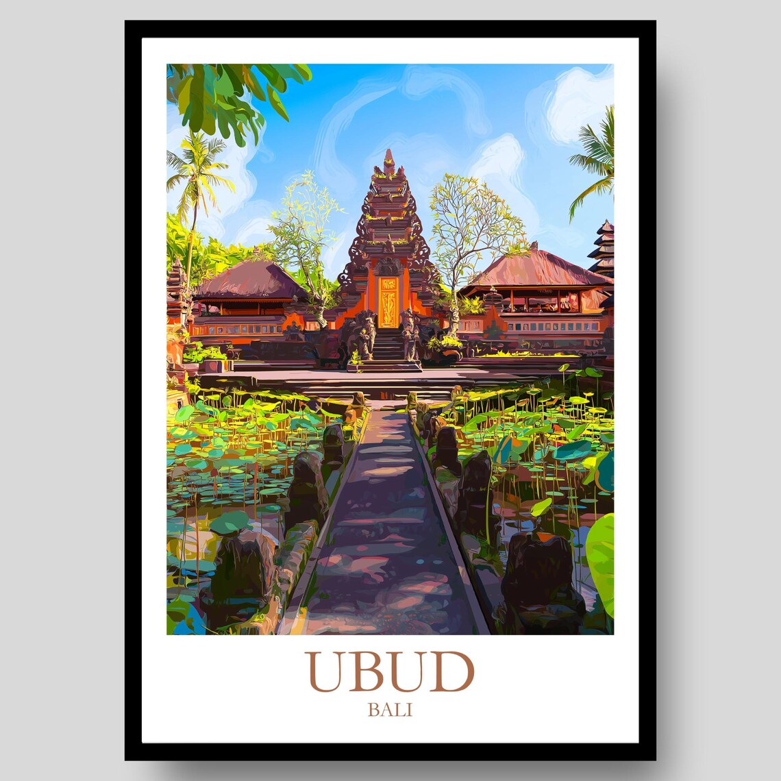 Ubud Bali Lotus Temple Pond Balinese Garden Travel Art Poster
