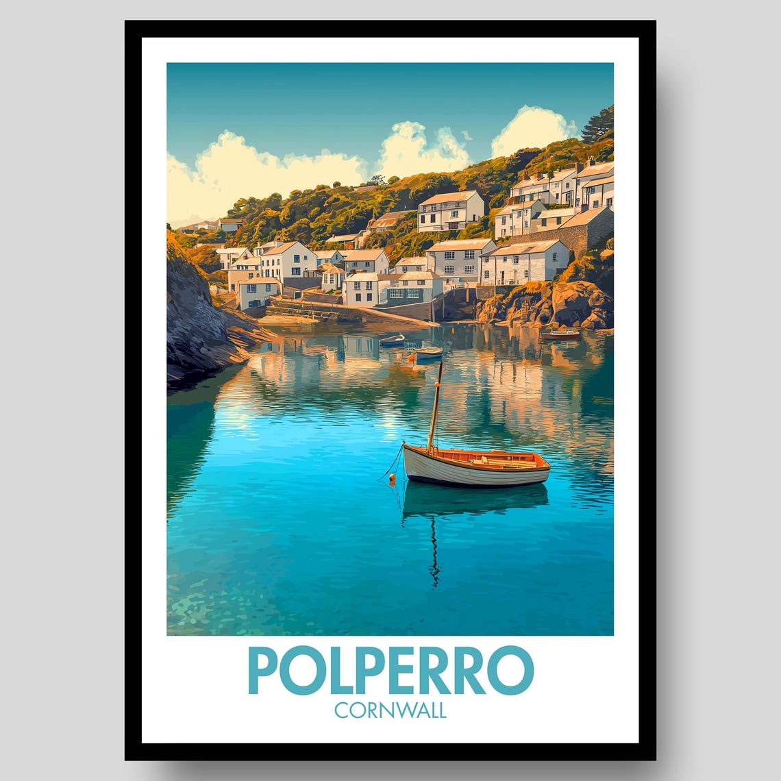Polperro Cornwall Sailboat Harbor Coastal Village Travel Poster