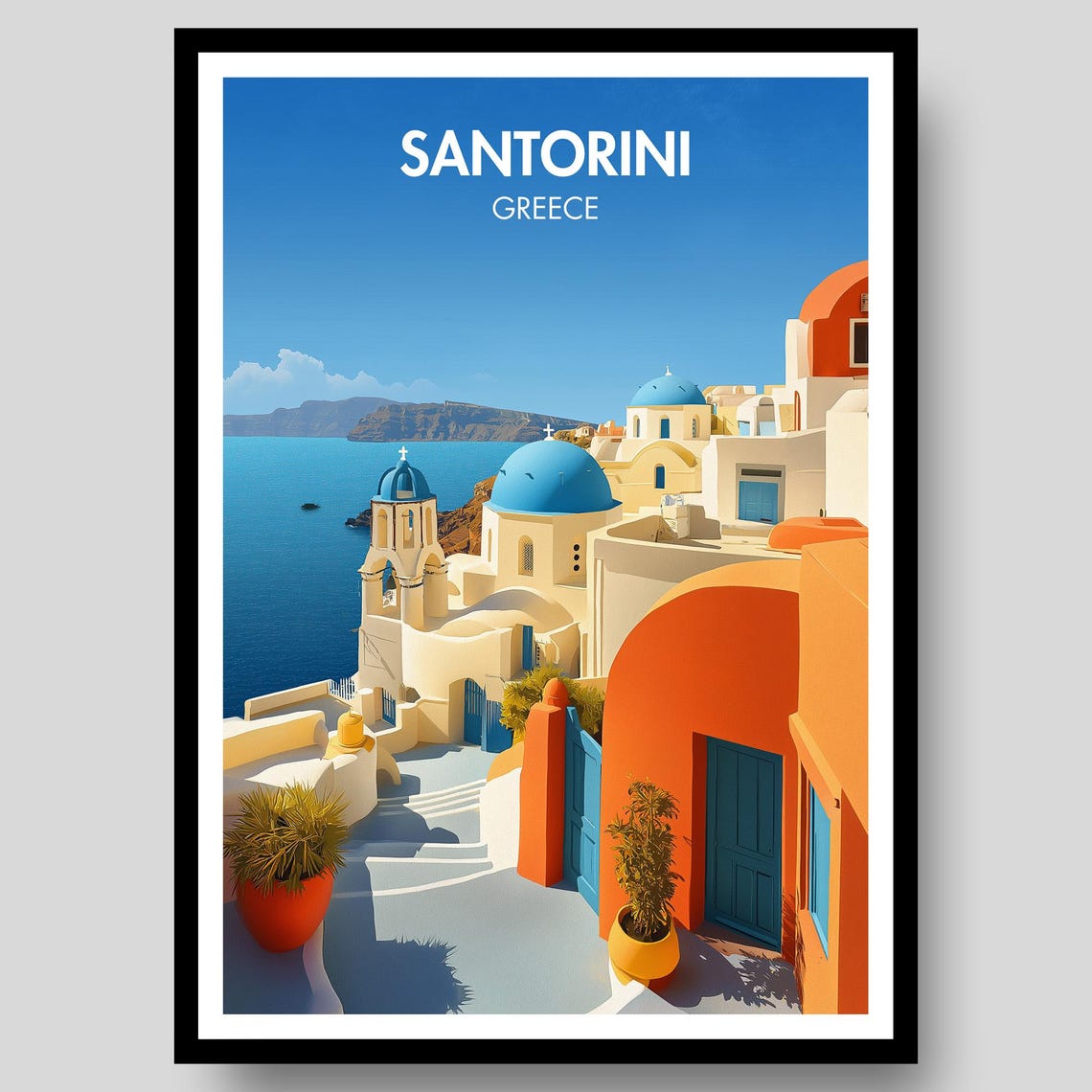 Santorini Greece Whitewashed Island Street Blue Dome Scene Poster