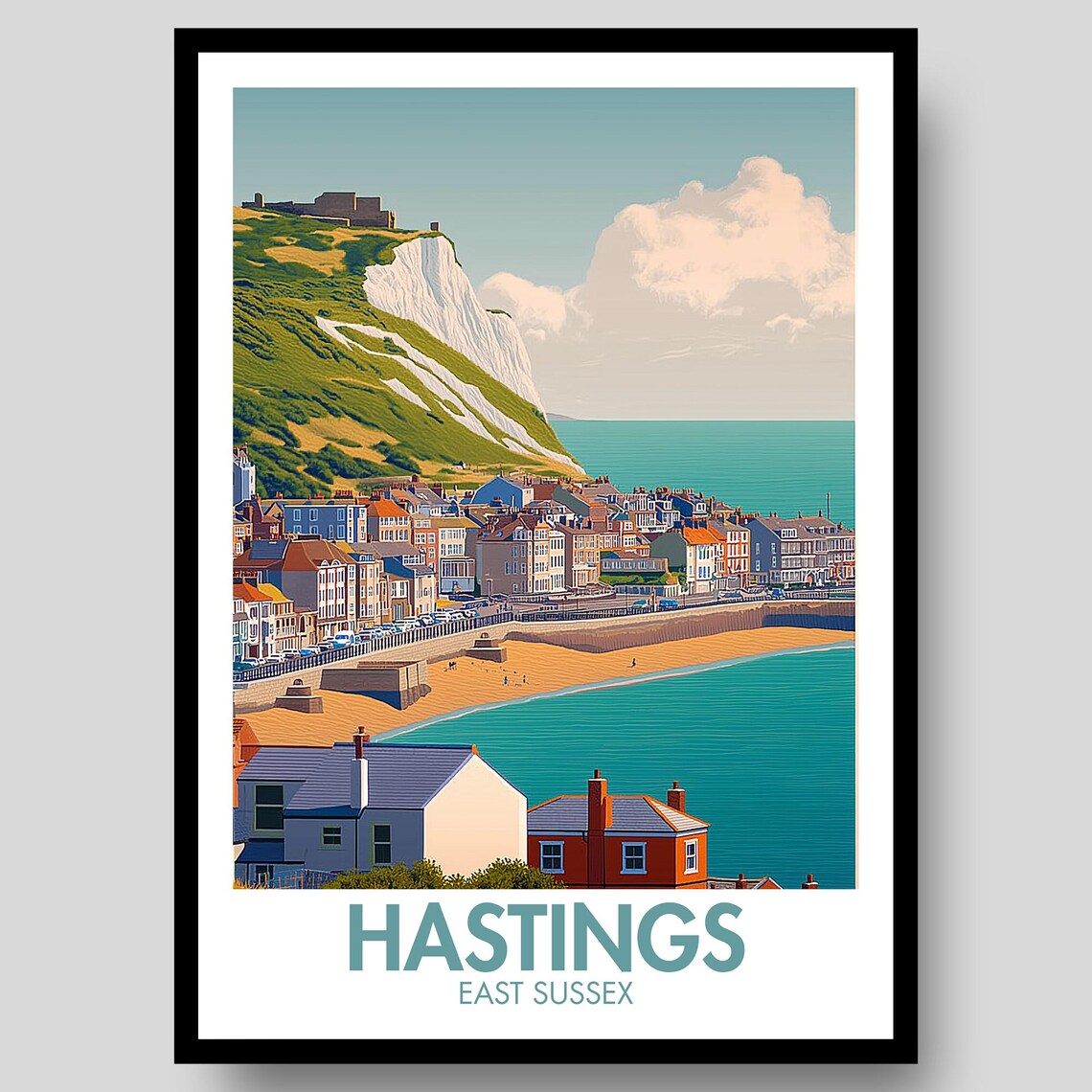 Hastings East Sussex Seaside White Cliffs Vintage Travel Poster