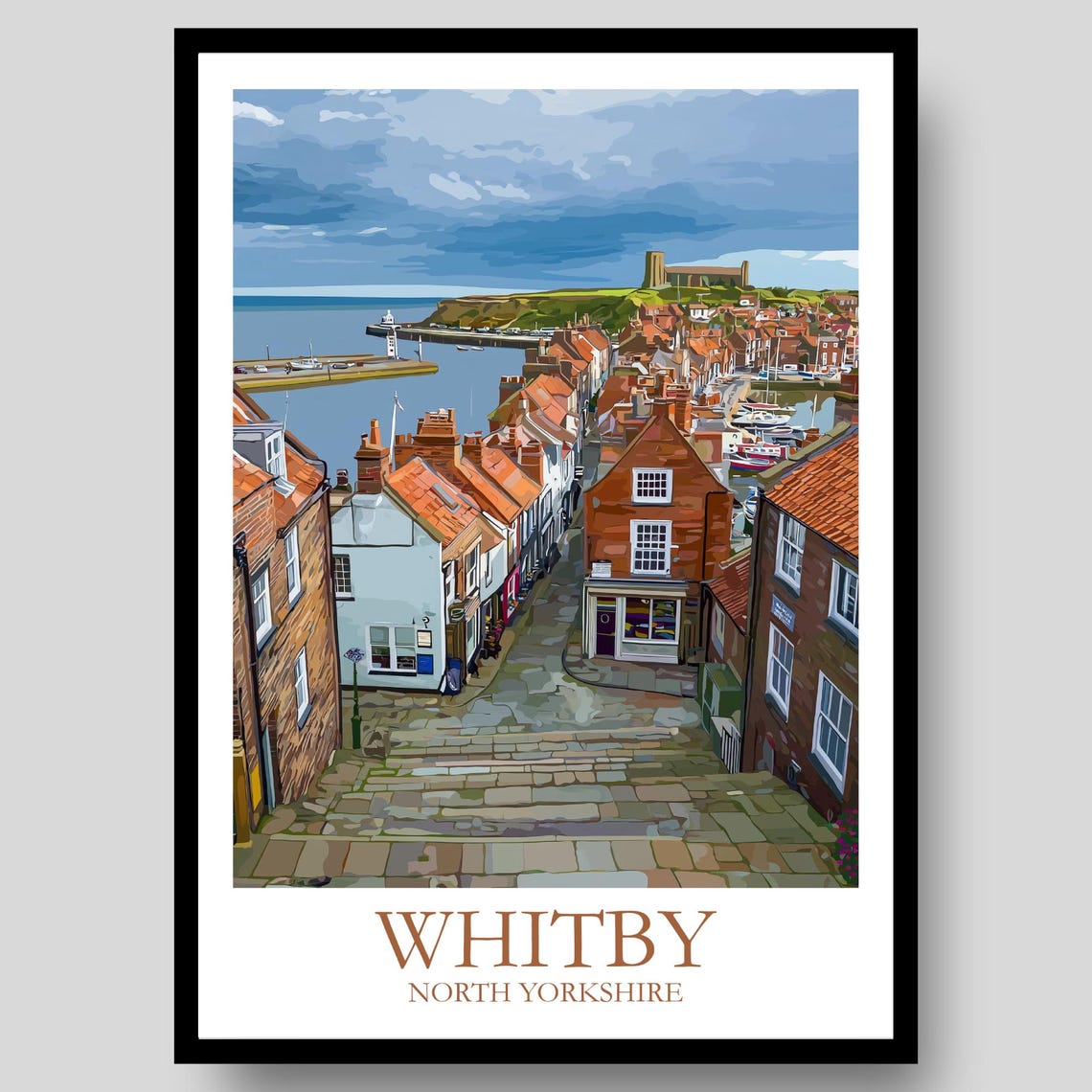 Whitby North Yorkshire Abbey Harbor Stone Steps Travel Poster