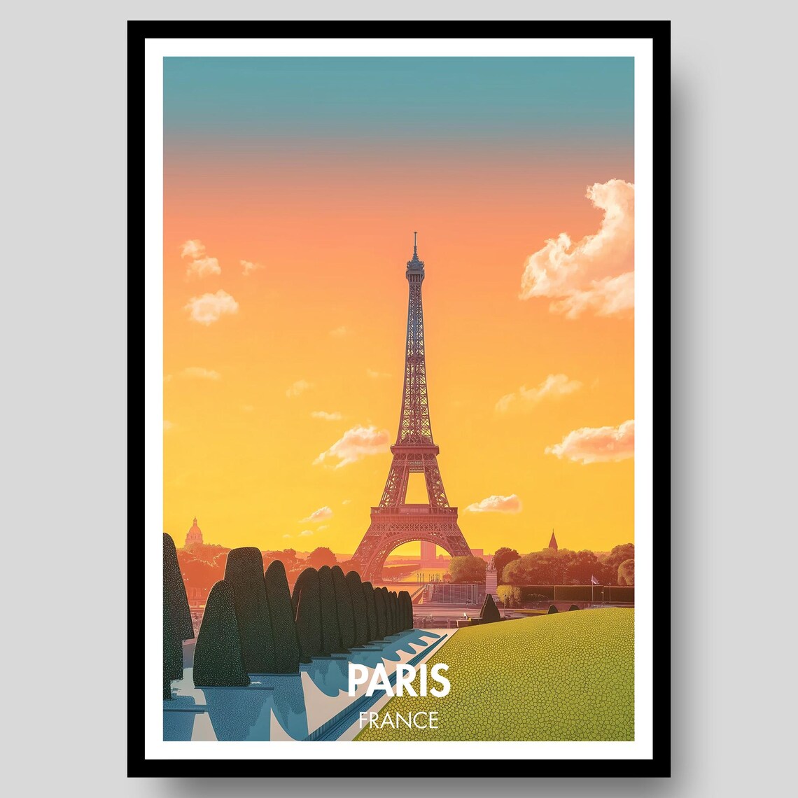 Paris Eiffel Tower Fiery Sunset Cityscape Vintage Travel Poster