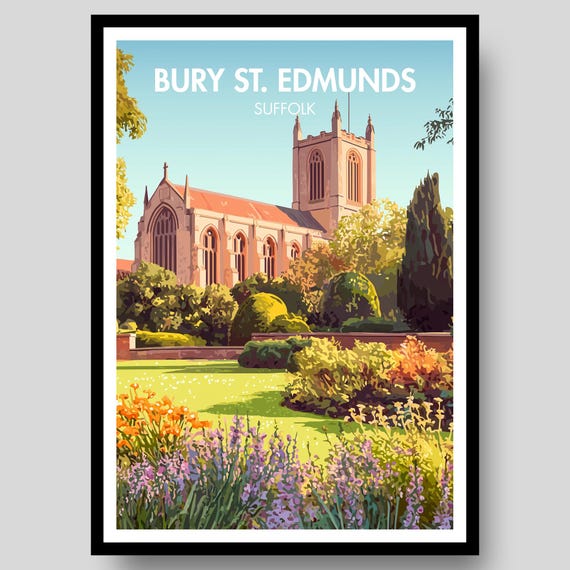 Bury St Edmunds Poster Suffolk Landscape Map English Countryside Sufflok