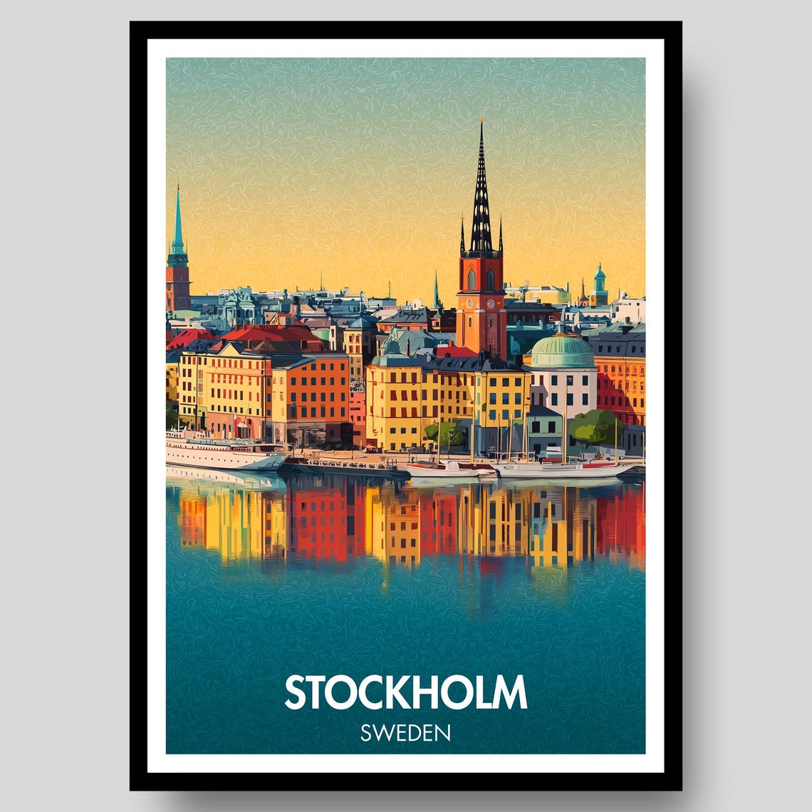 Stockholm Sweden Gamla Stan Waterfront Sunset Reflection Art Poster