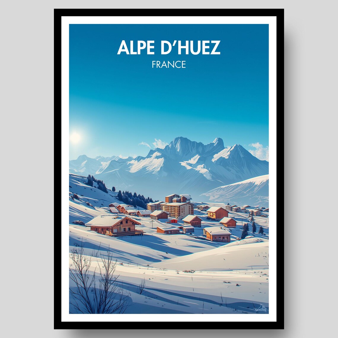 Alpe d'Huez France Bright Blue Sky Snowy Peaks Ski Travel Poster