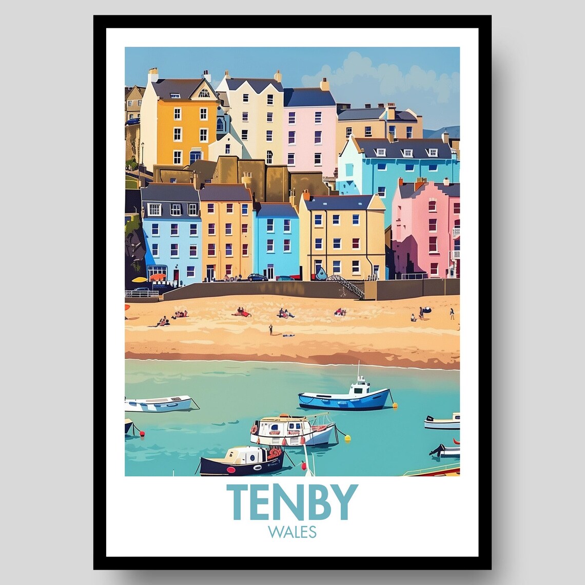 Tenby Wales Colorful Beachfront Town Harbor Boats Travel Poster
