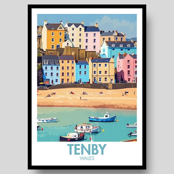 Tenby Wales Colorful Beachfront Town Harbor Boats Travel Poster