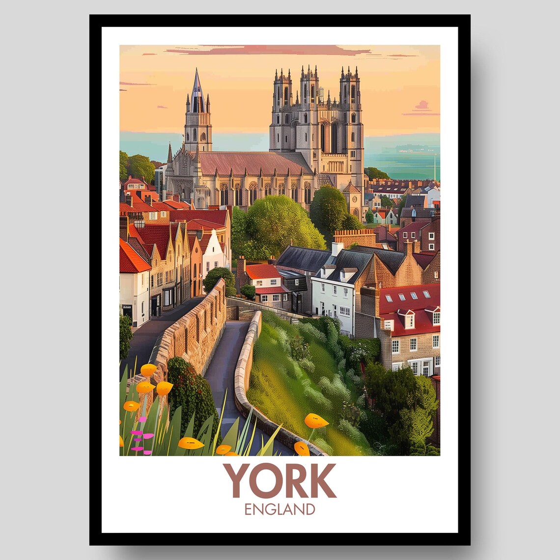 York England Minster Sunset Historic City Retro Travel Poster