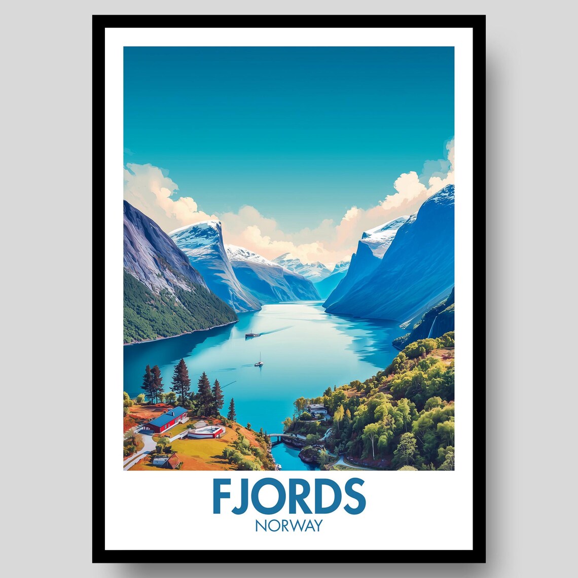 Fjords Norway Mountain Lake Vintage Travel Poster Scandinavian Art