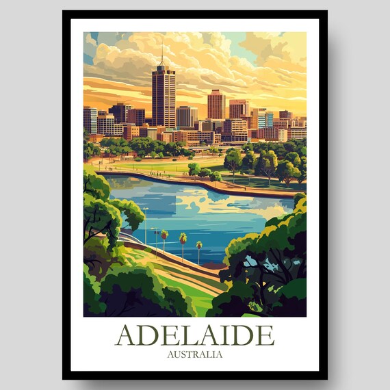 Adelaide Australia City Skyline River Park Sunset Vintage Travel Poster