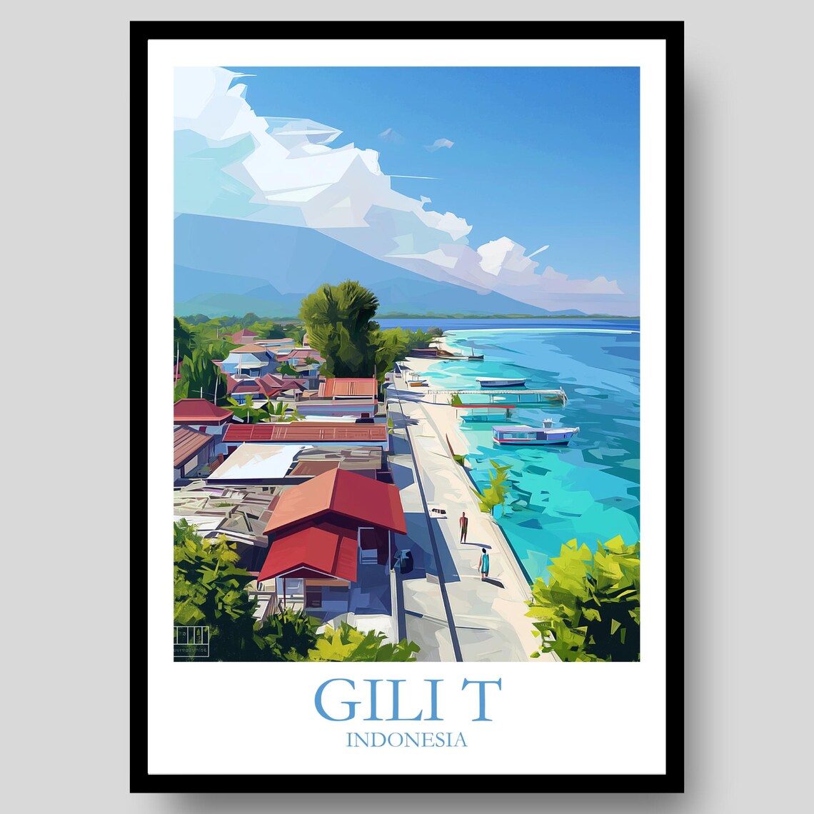 Gili T Indonesia Coastal Village Street Aerial Island Art Poster