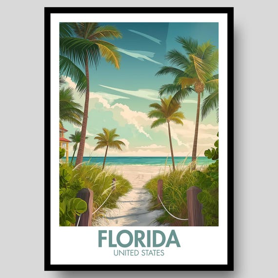 Florida Poster Print Wall Art Map Miami Key West Gift