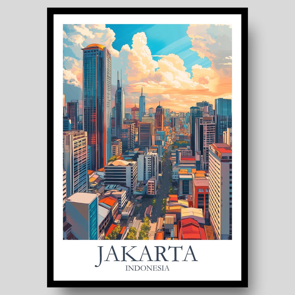 Jakarta Indonesia Skyscraper Skyline Sunset Cityscape Travel Poster