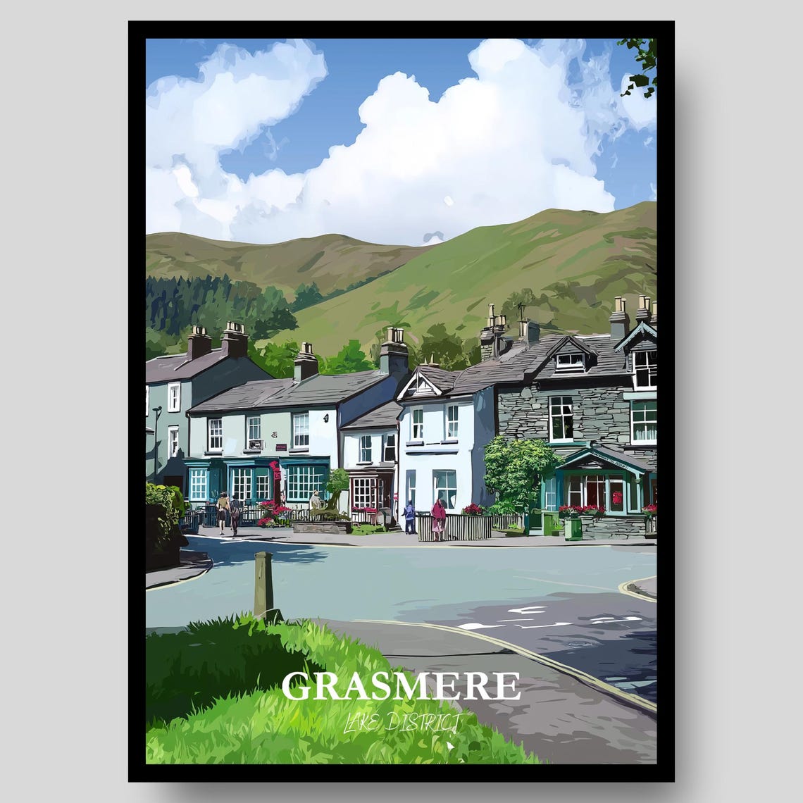 Grasmere Lake District Village Cottages Fells Travel Art Poster