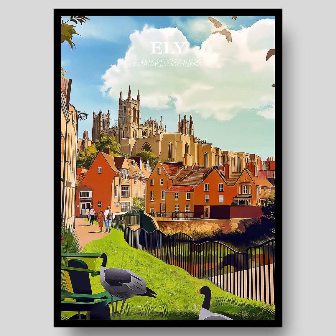 Ely Cambridgeshire Cathedral Red Brick Houses Riverside Poster