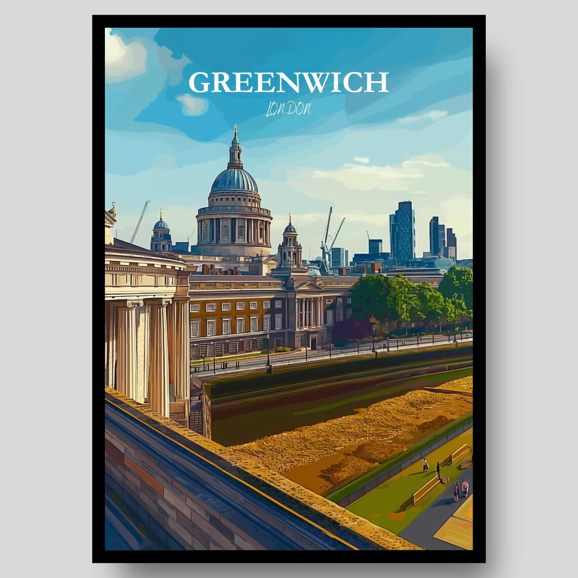 Greenwich London Riverside Thames City Skyline Travel Art Poster