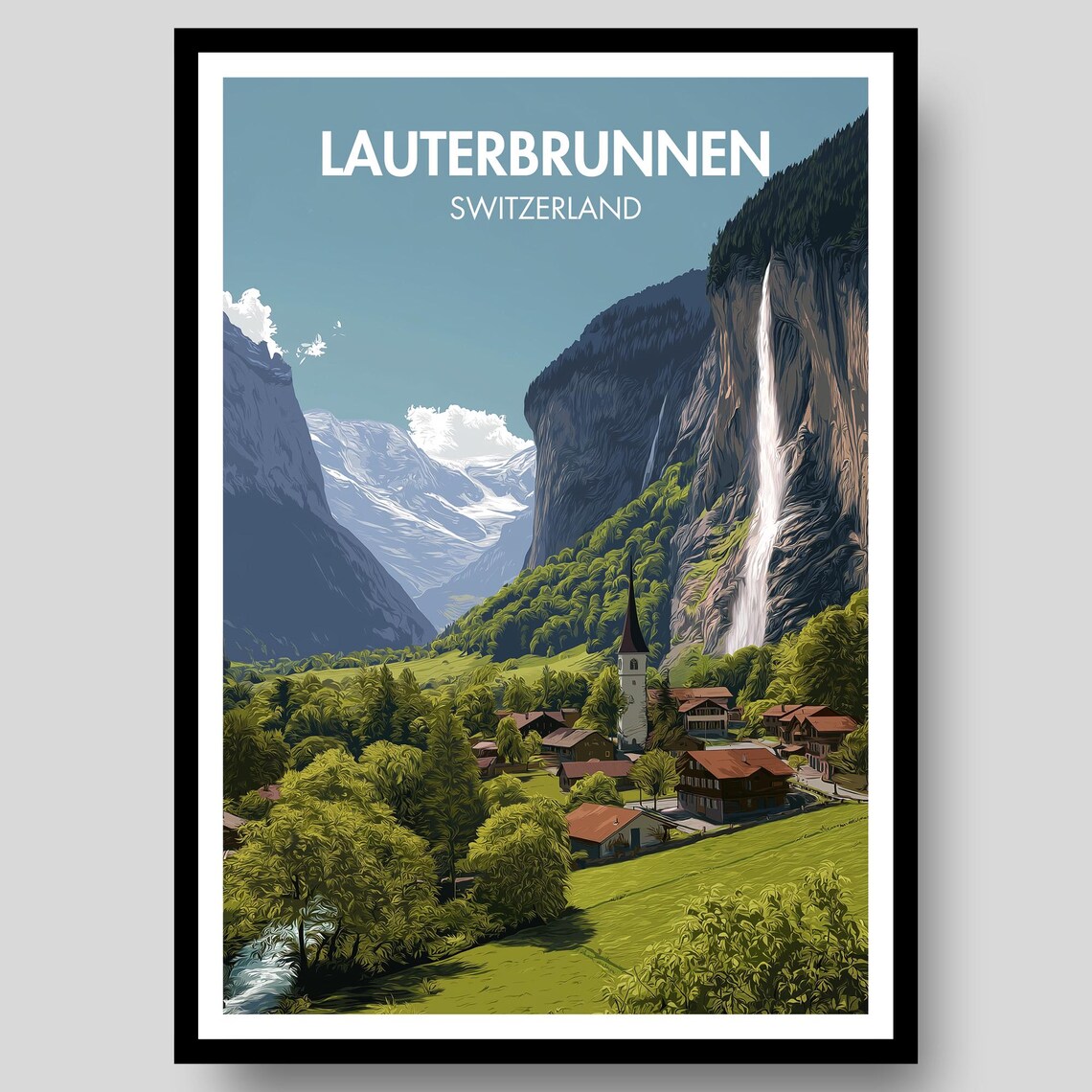Lauterbrunnen Switzerland Waterfall Valley Retro Style Travel Poster