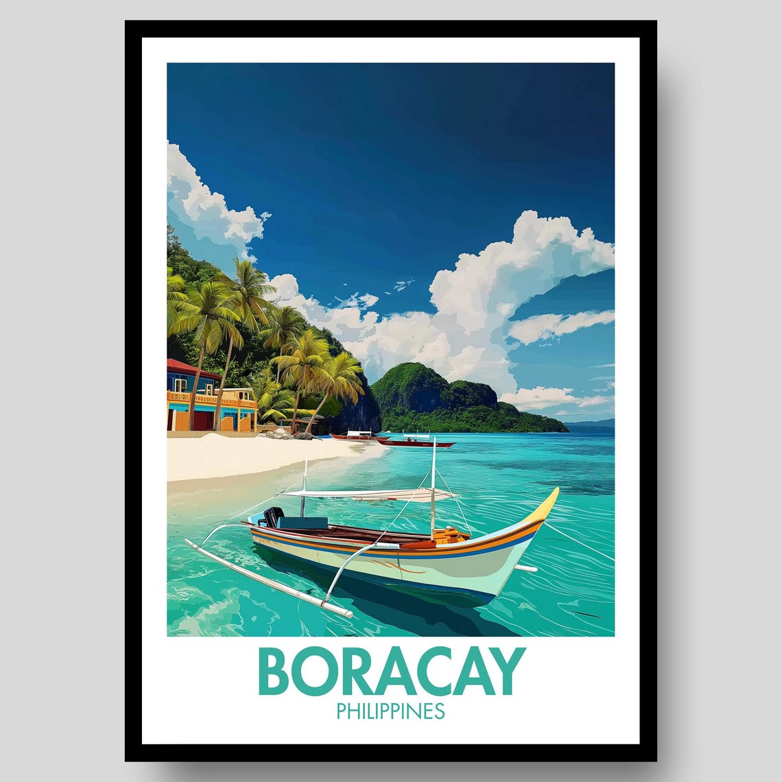Boracay Philippines Outrigger Boat Turquoise Beach Travel Poster