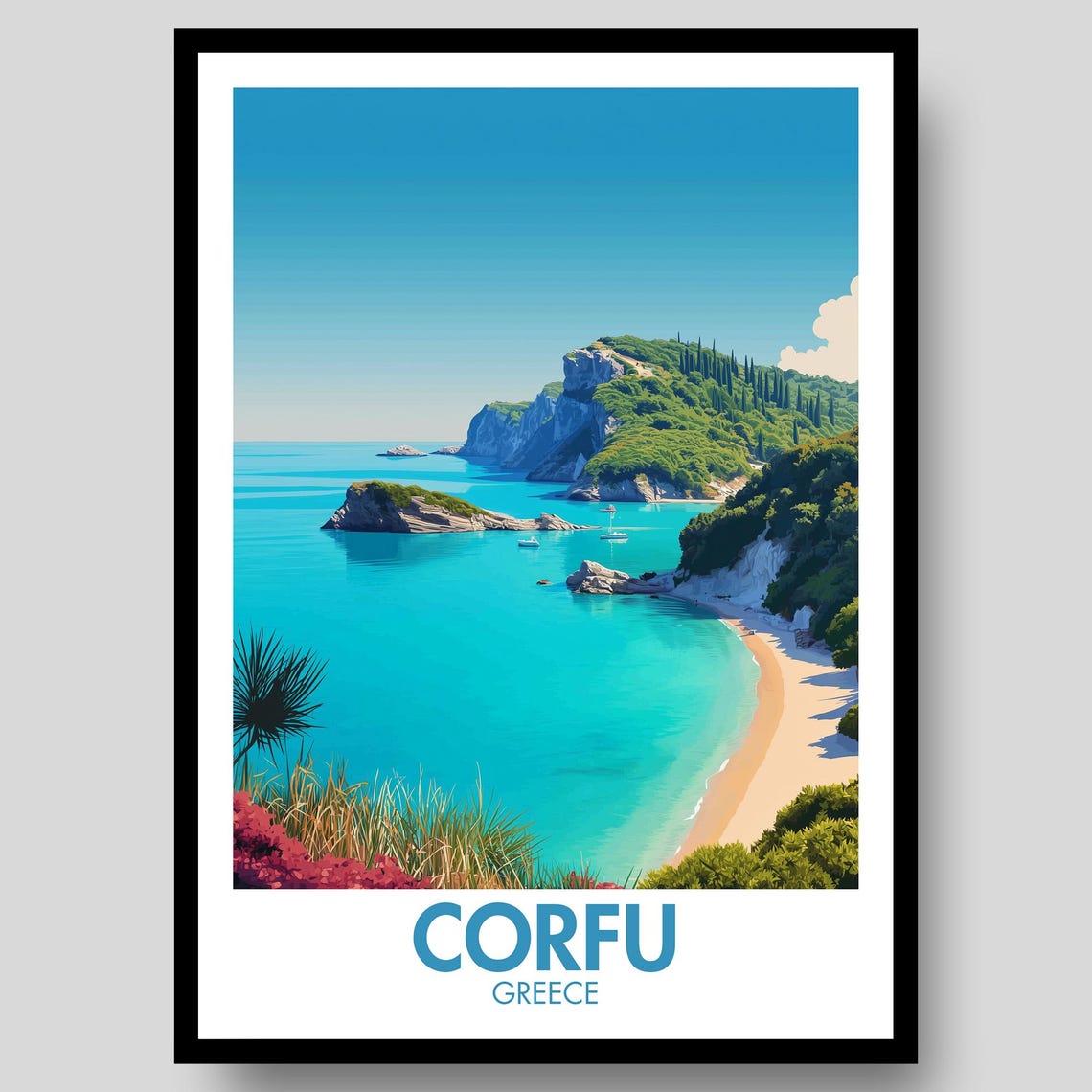Corfu Greece Sandy Beach Turquoise Ionian Sea Island Travel Poster