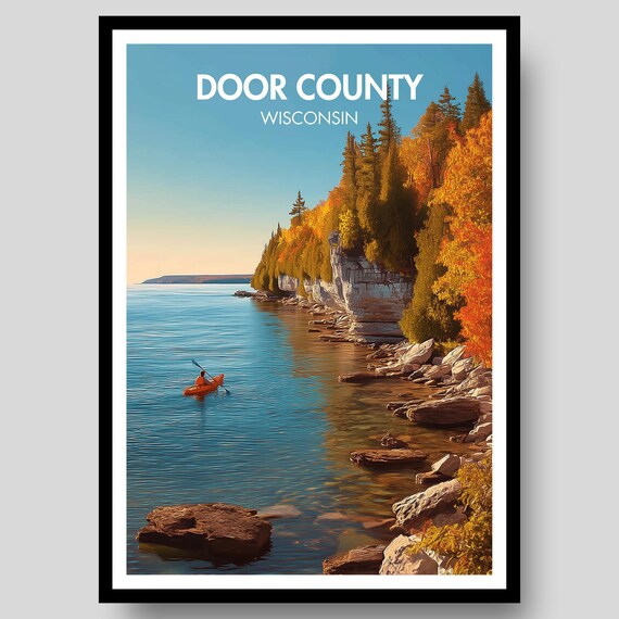 Door County Wisconsin Fall Colors Kayak Coast Vintage Art Poster