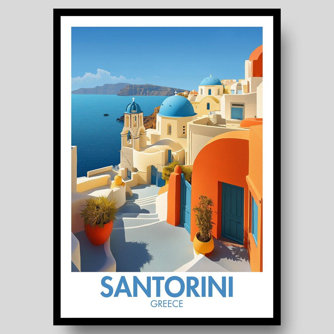 Santorini Greece Colorful Island Street White Blue Dome Art Poster
