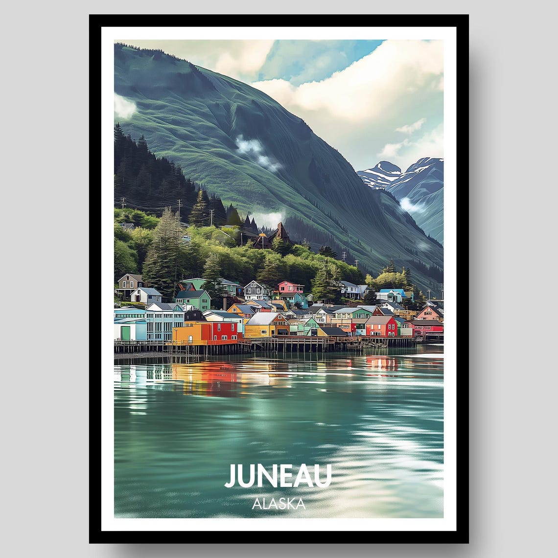 Juneau Alaska Harbor Mountain Town Scenic Waterfront View Poster