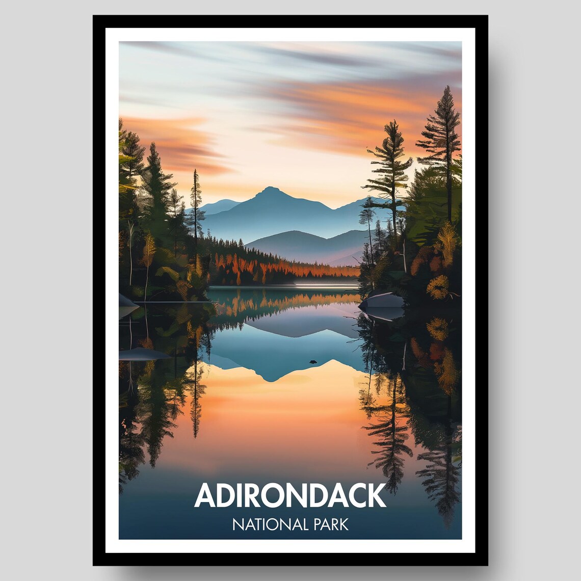 Adirondack National Park Lake Sunset Reflection Vintage Travel Poster