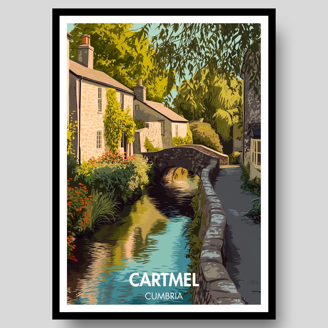 Cartmel Cumbria Riverside Cottages Retro English Countryside Poster