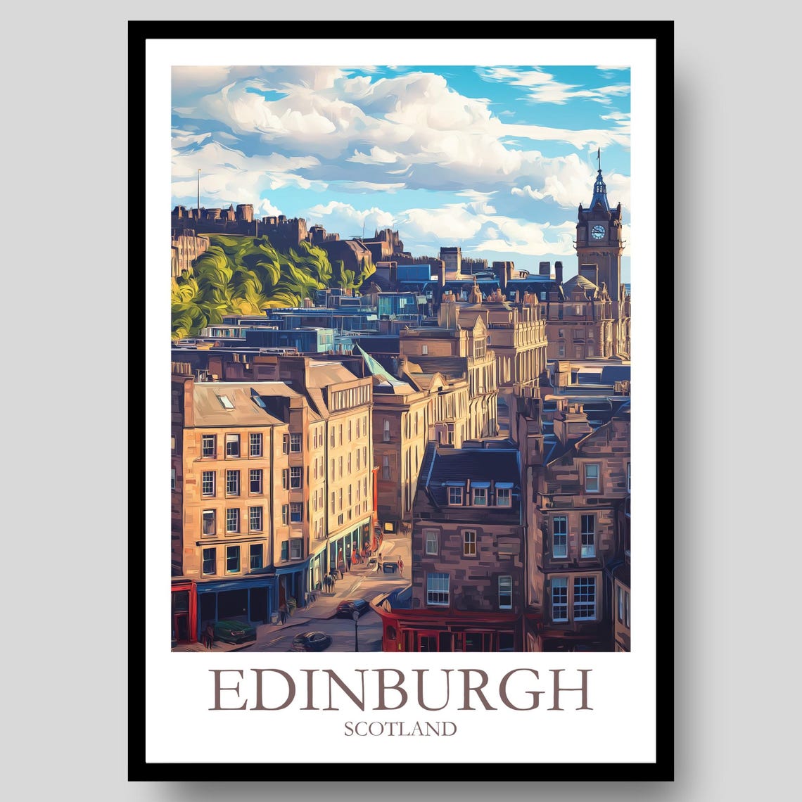 Edinburgh Scotland Old Town Castle View Clock Tower Border Poster