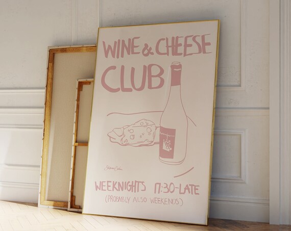 Wine And Cheese Club Funny Pink Kitchen Bar Retro Wall Poster