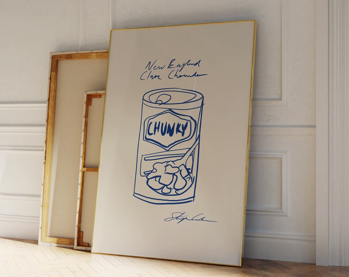 New England Clam Chowder Blue Line Drawing Vintage Soup Can Poster