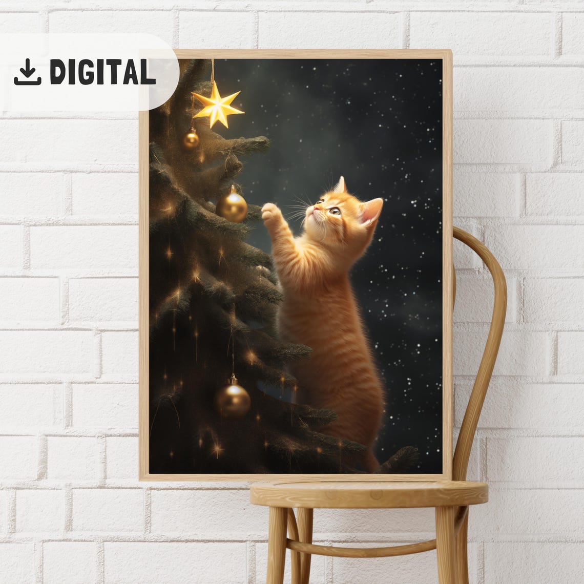 Ginger Kitten Reaching for Christmas Tree Star Holiday Poster - Image 2