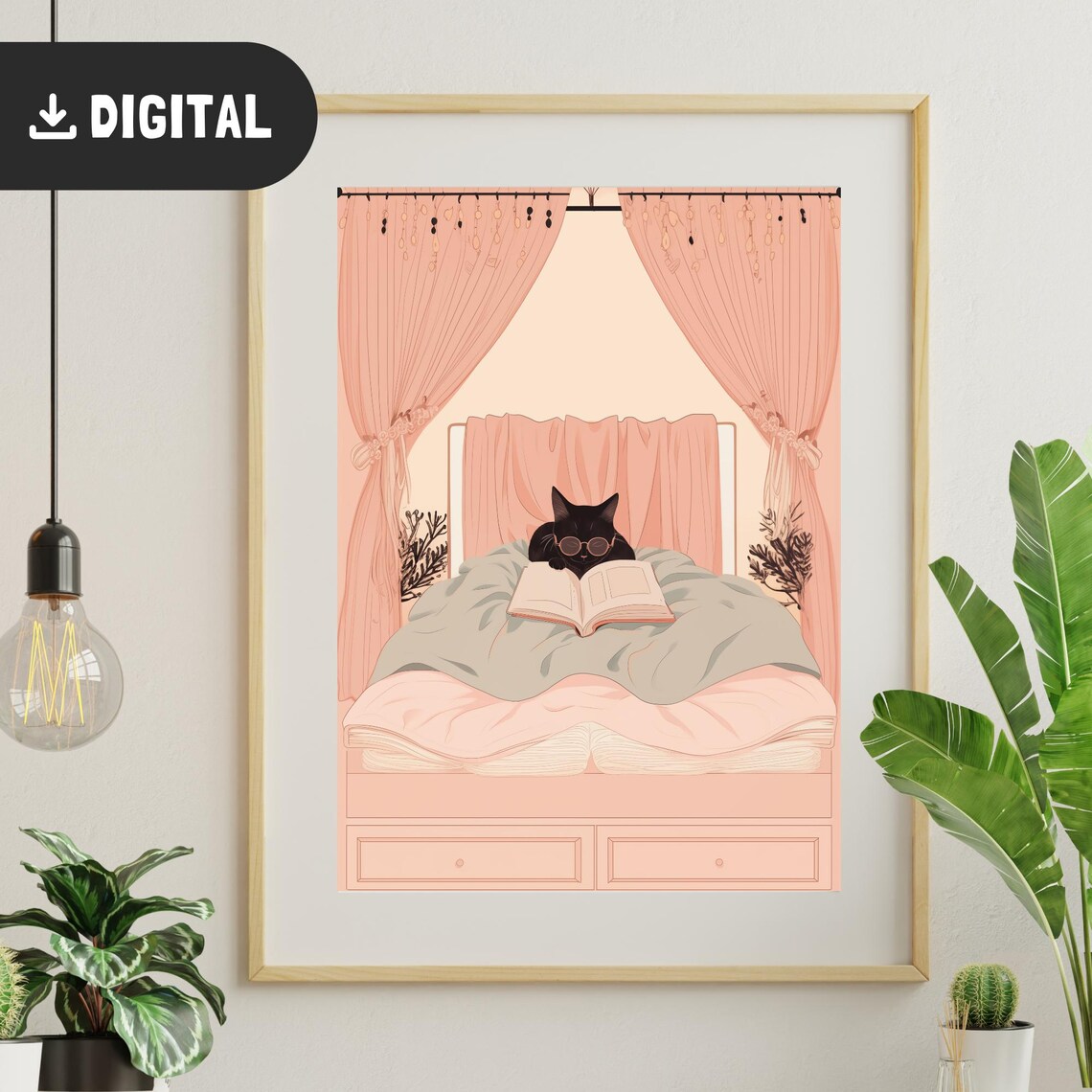 Black Cat With Glasses Reading Under Pink Canopy Bed Illustration Wall Art