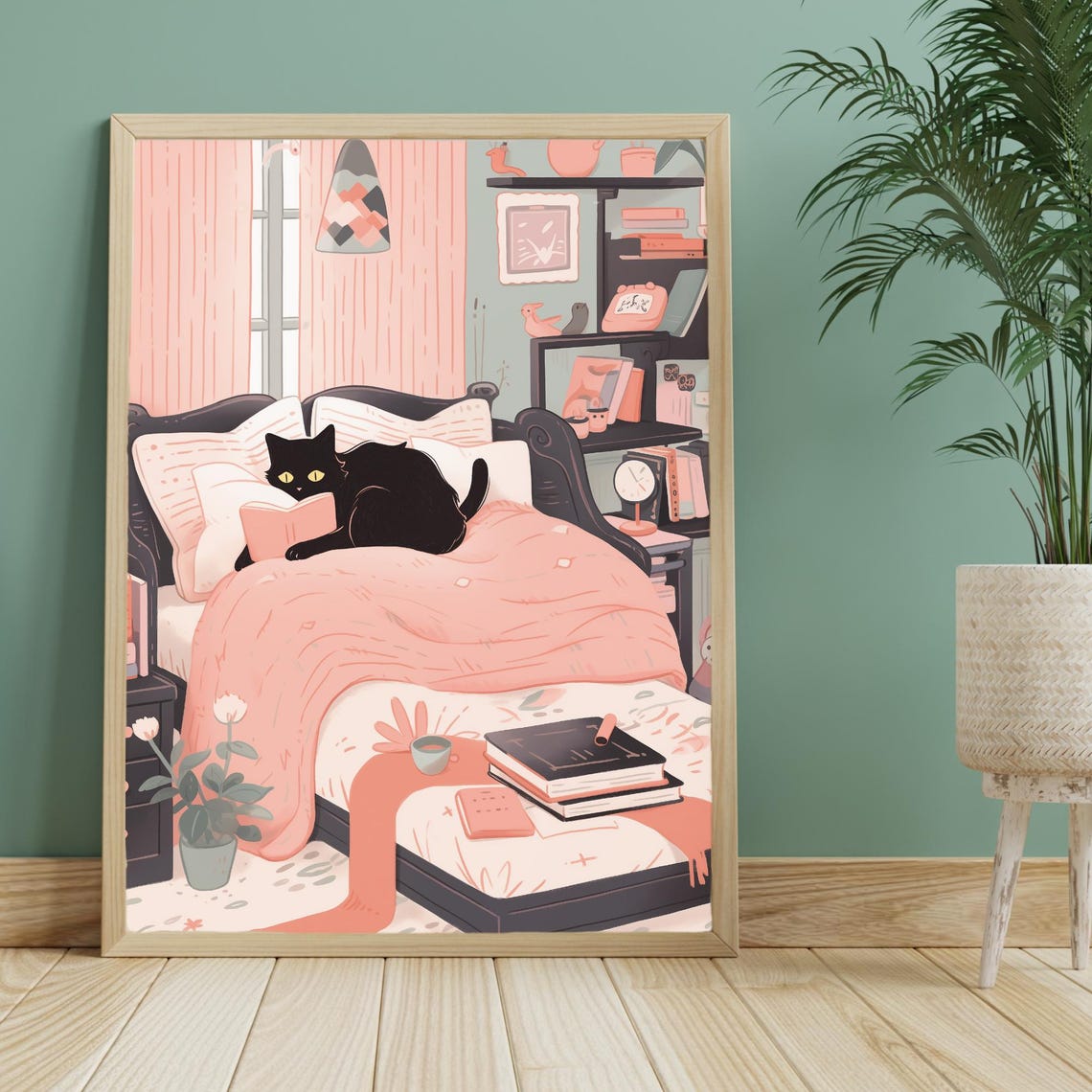 Black Cat Reading in Bed Cozy Bedroom Book Lover Illustration Wall Art - Image 3