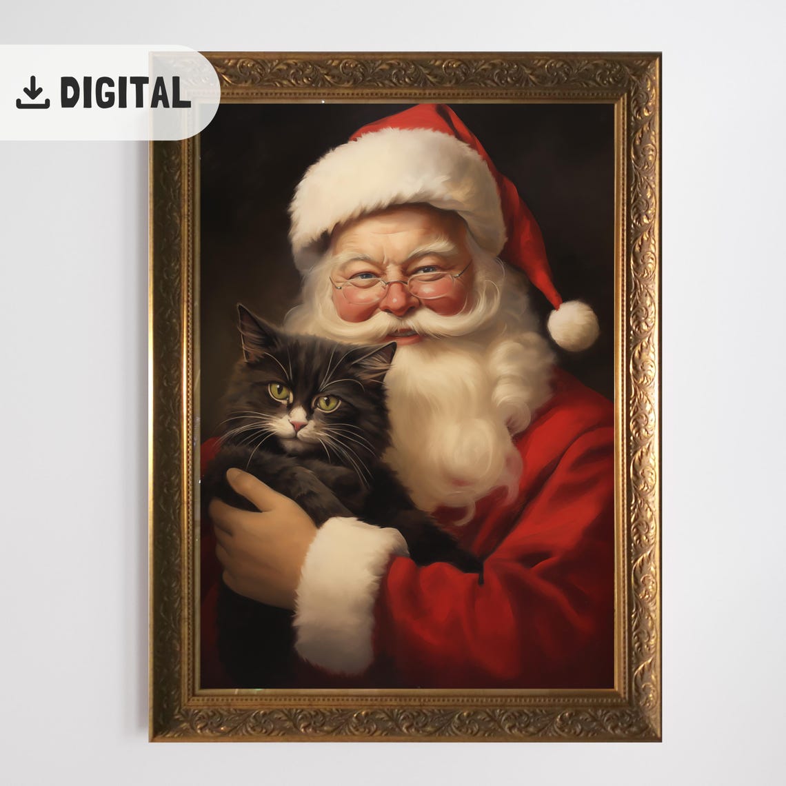Santa Claus Holding Grey Fluffy Cat Ornate Vintage Christmas Poster