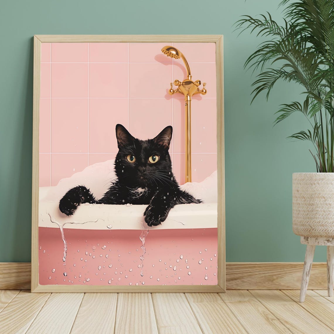 Black Cat in Pink Bathtub with Gold Shower Funny Cat Art Poster
