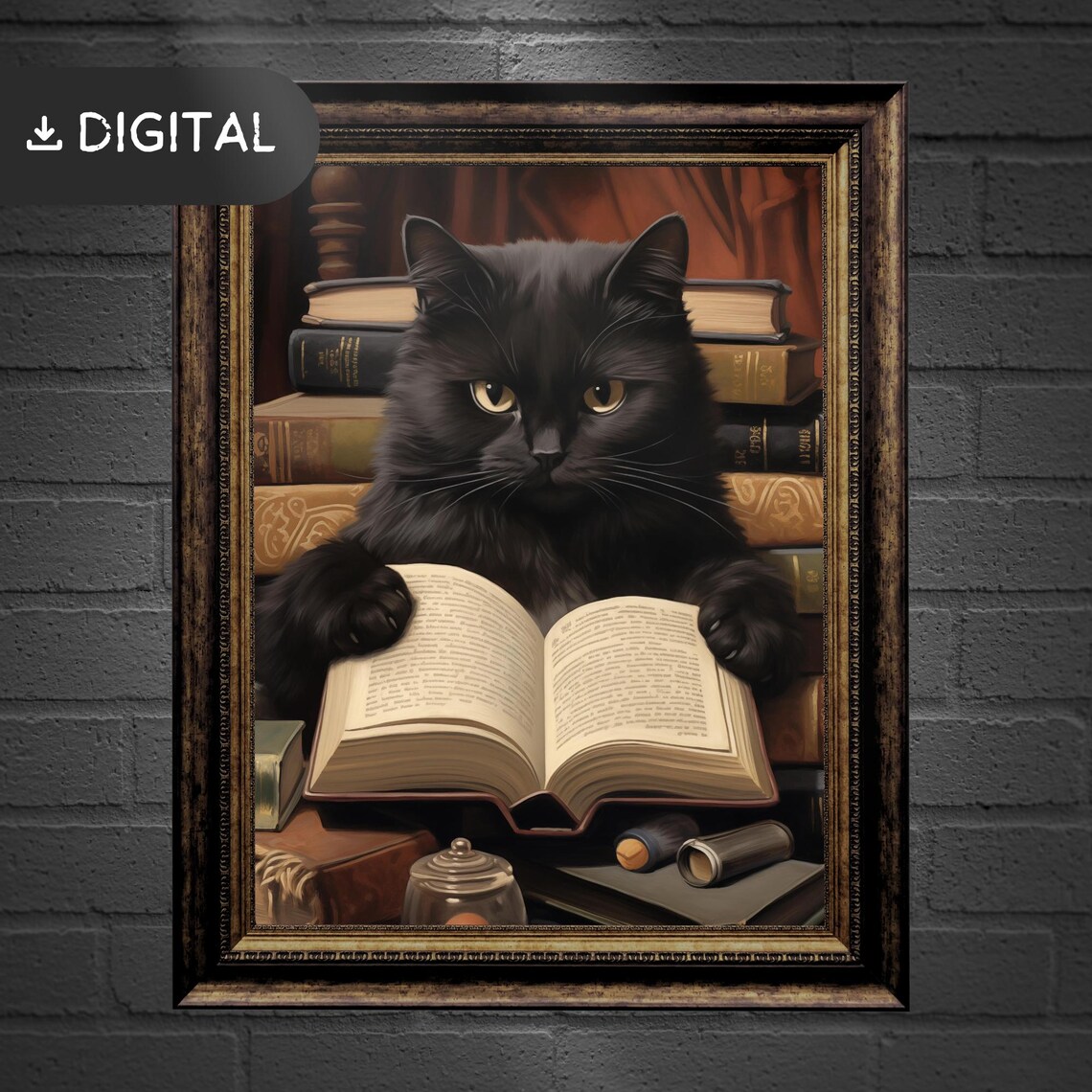 Gothic Black Cat Reading Book Vintage Oil Painting Dark Academia Wall Art - Image 3