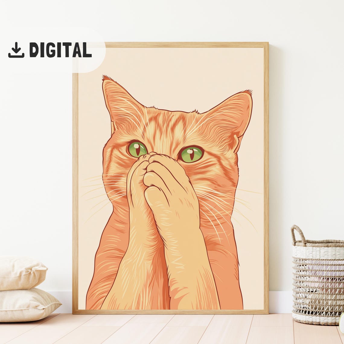 Orange Cat with Paws Over Mouth Speak No Evil Style Art Poster - Image 2